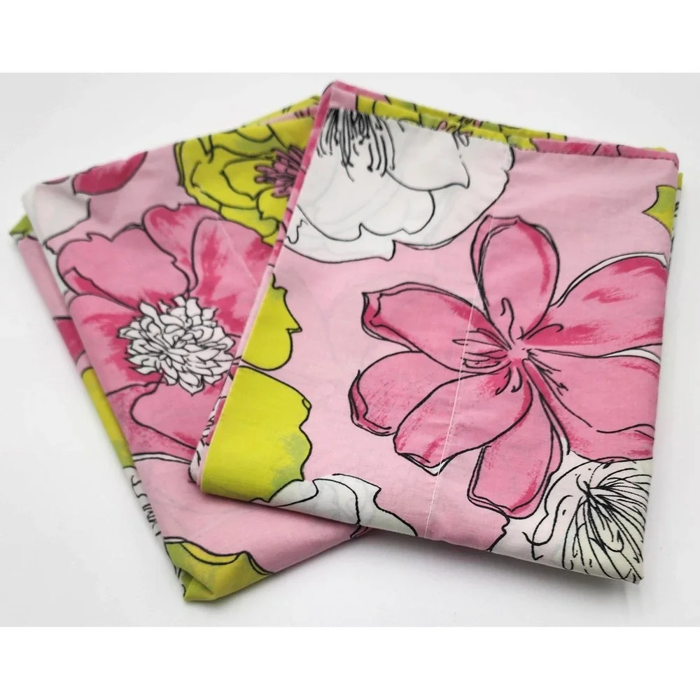 Bibb Pillowcase Set Standard Pink Green Floral Vintage MCM Retro 2pc Excellent